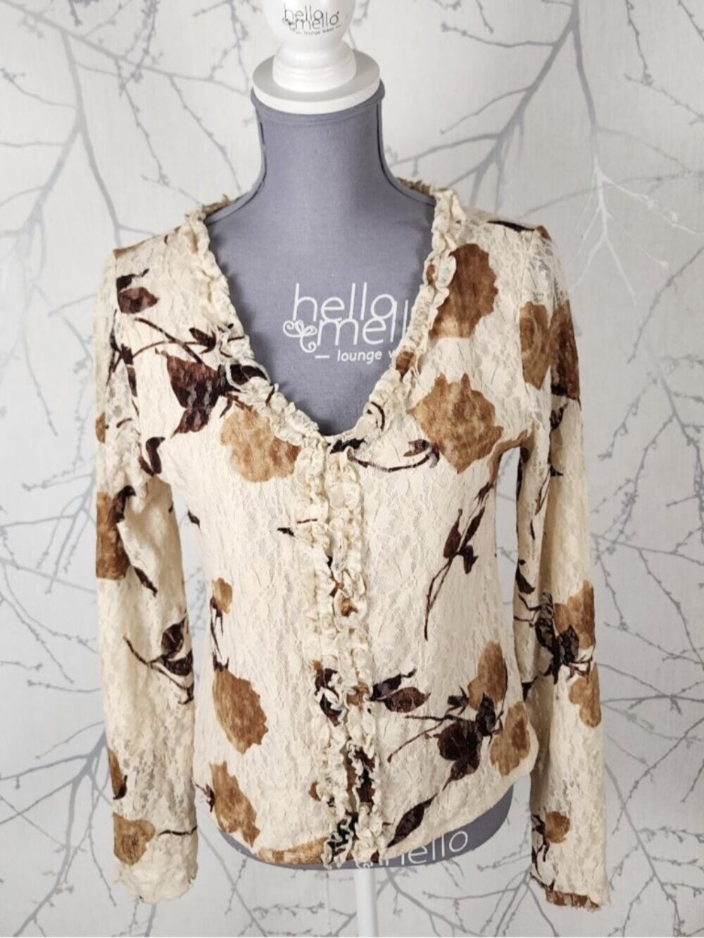 Jessica Ivory Rose Floral Print Lace Overlay Ruffle V-Neck Top